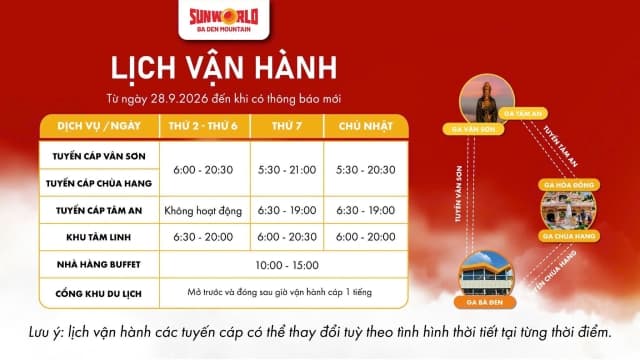 SUN WORLD BA DEN MOUNTAIN CẬP NHẬT LỊCH VẬN HÀNH TỪ NGÀY 28/9/2026