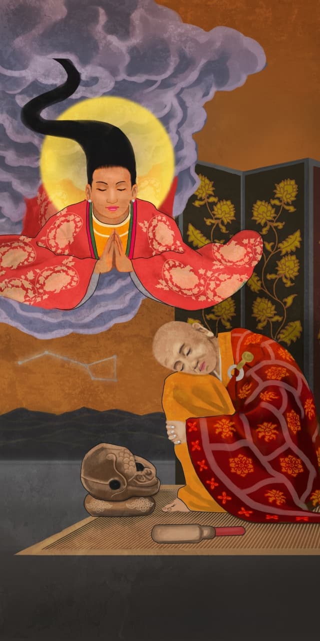 Bức 4 - Lý Thị Thiên Hương báo mộng cho nhà sư