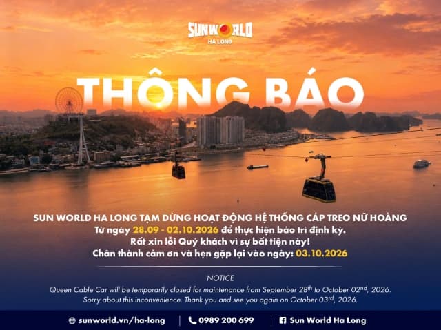 Tạm dừng Cáp treo Nữ Hoàng từ ngày 28/09 đến 02/10/2026 để bảo trì định kỳ