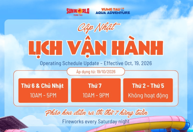 Lịch vận hành chính thức Công viên nước Sun World Vung Tau từ ngày 19/10/2026
